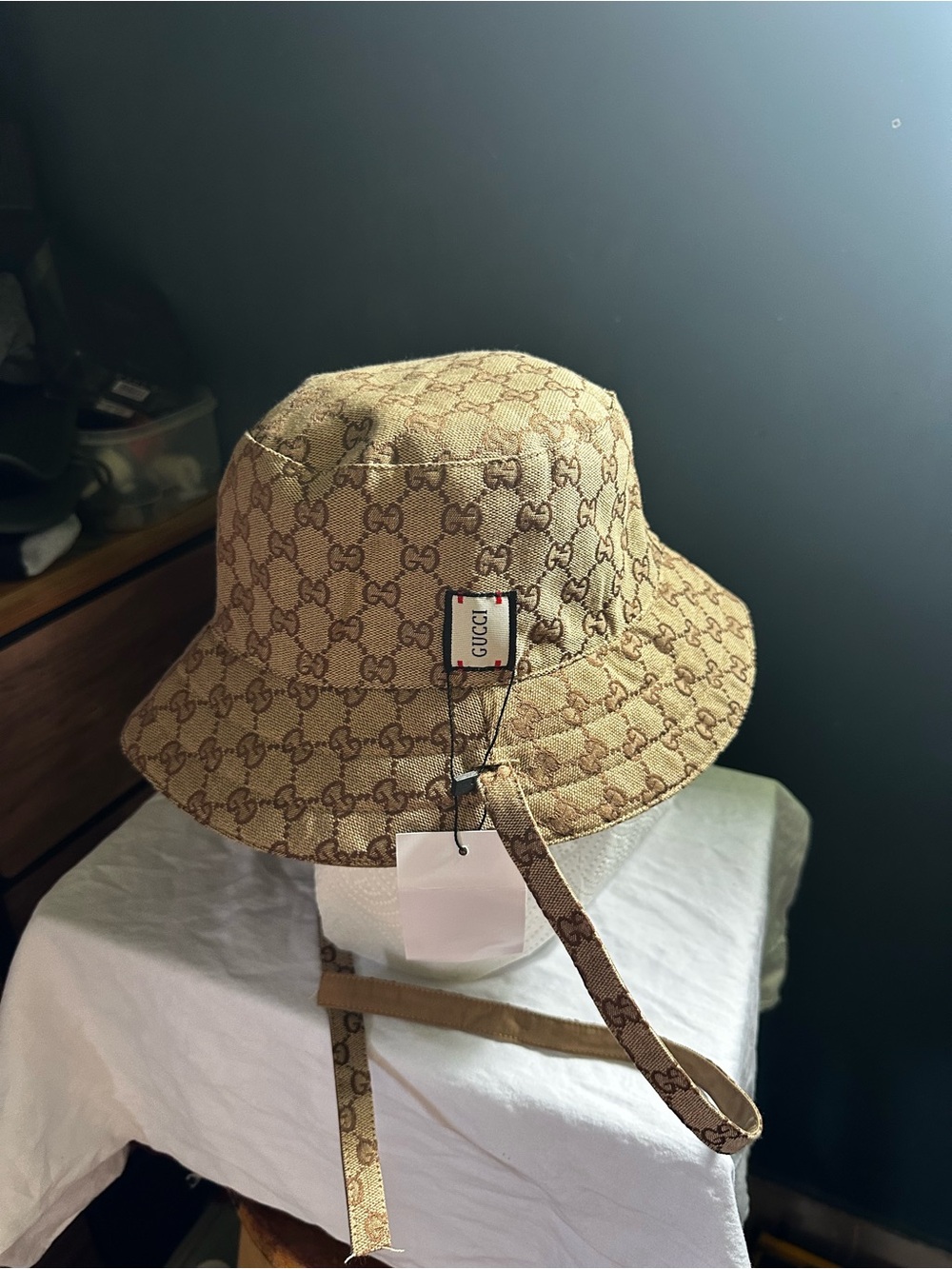 Gucci Beige GG Supreme Tie-Strap Bucket Hat - Picture 3 of 8